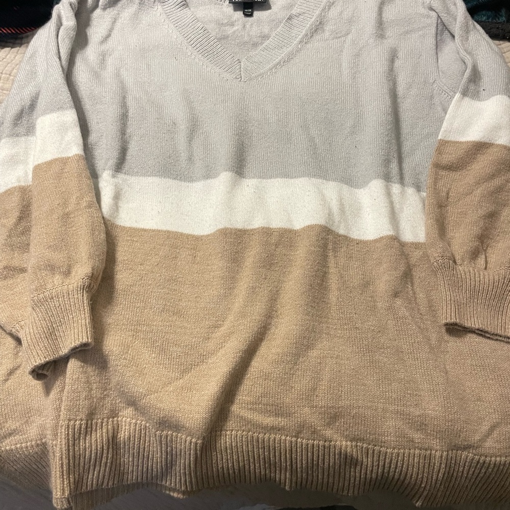 Lane Bryant V-Neck Sweater - Gray, White, Tan
